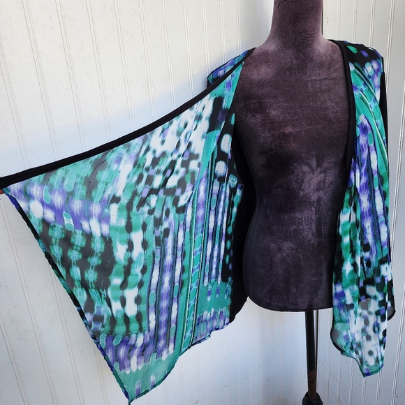 Chico's Easywear Jacket Sz 2 Black White Green  Open Front Sheer Cardigan L 12 - Picture 4 of 10